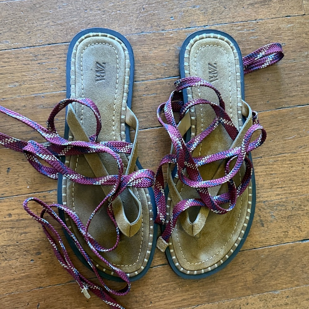 Zara Tan Suede Lace-Up Sandals with Burgundy Straps